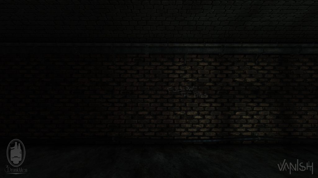 A brick wall with pipes and cables running along from left to right, with the words 