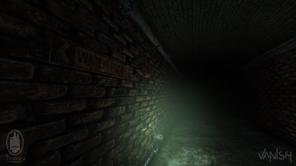 Looking down a brick tunnel into the darkness close to a bright glowing green industrial light, next to a rusty sign that says 