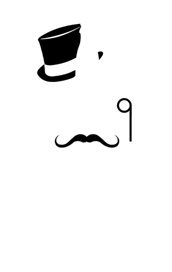 Logo for 3DrunkMen, 3 glass bottles surrounded by an oval stacked in a triangular pattern. The left most wearing a top hat, the middle a mustache, and the right a monocle. Below it saying 